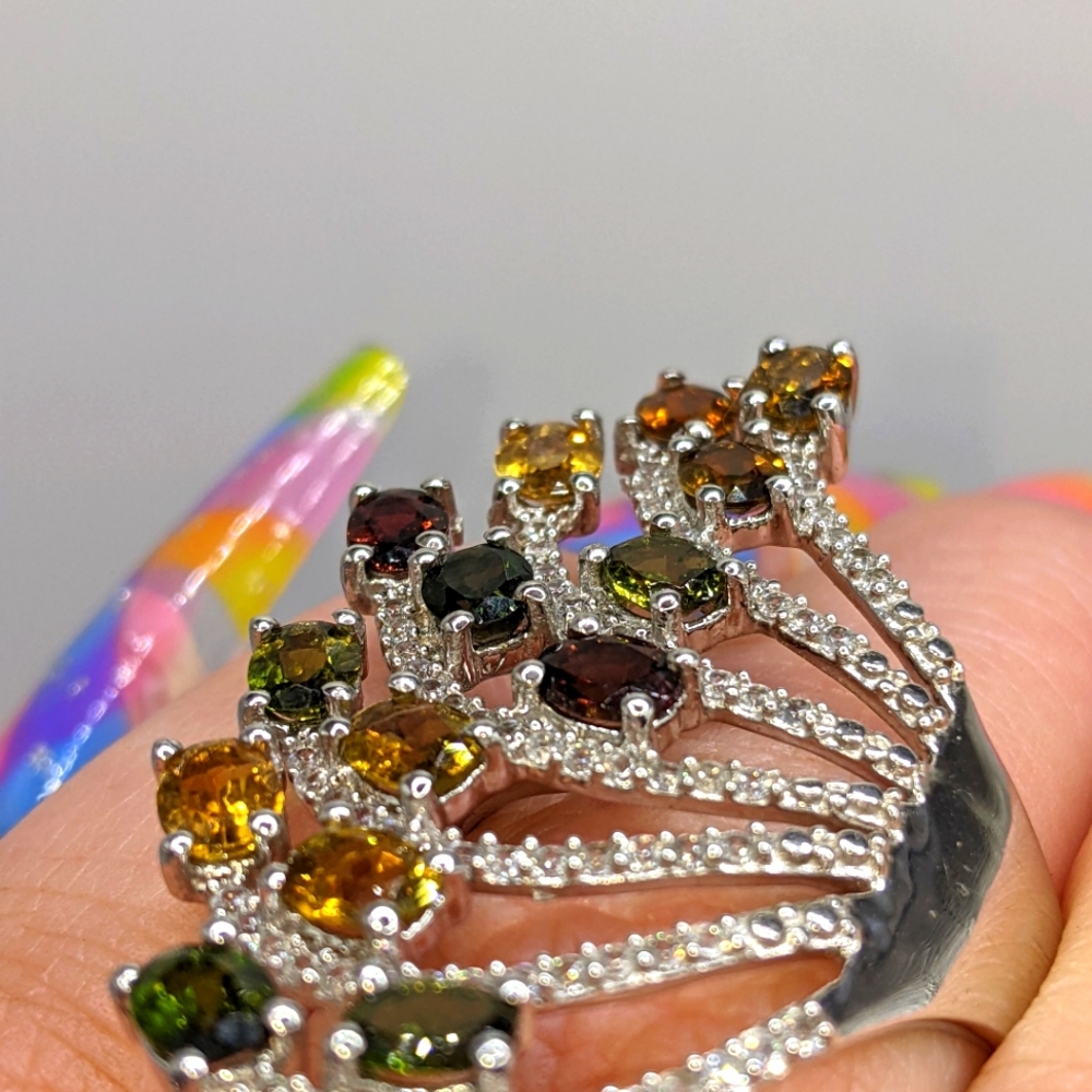 Multi-colored Tourmaline Gemstone Fan Design Ring Sterling Silver - Picture 12 of 14